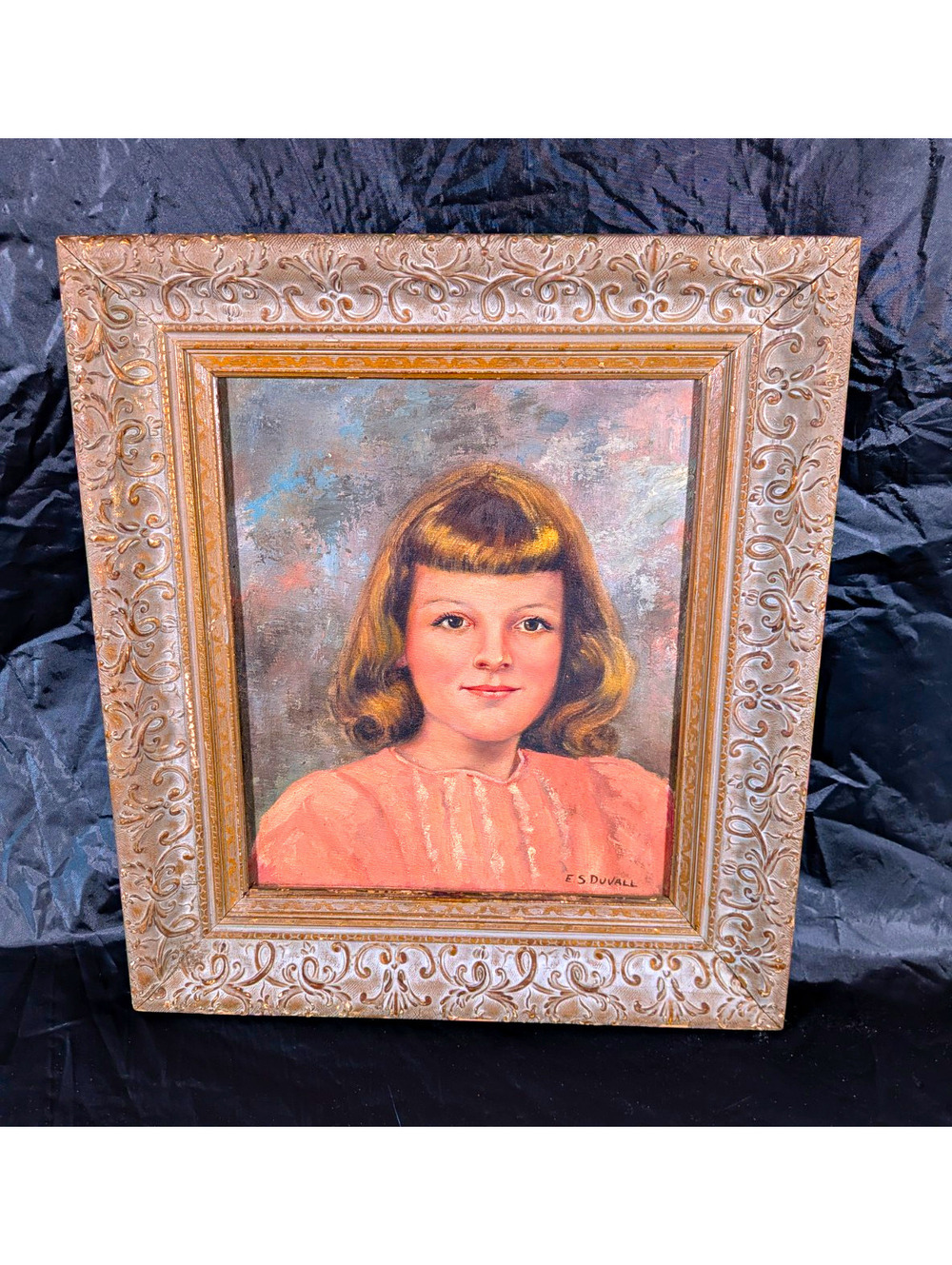 E. S. Duvall oil on canvas Girl Portrait Painting Signed Framed 19x16"